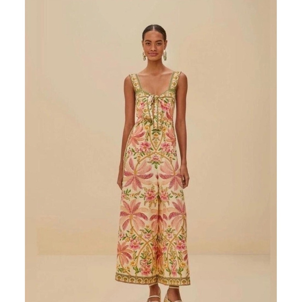 Farm Rio Off-White Palm Dream Linen Blend Jumpsuit - XS